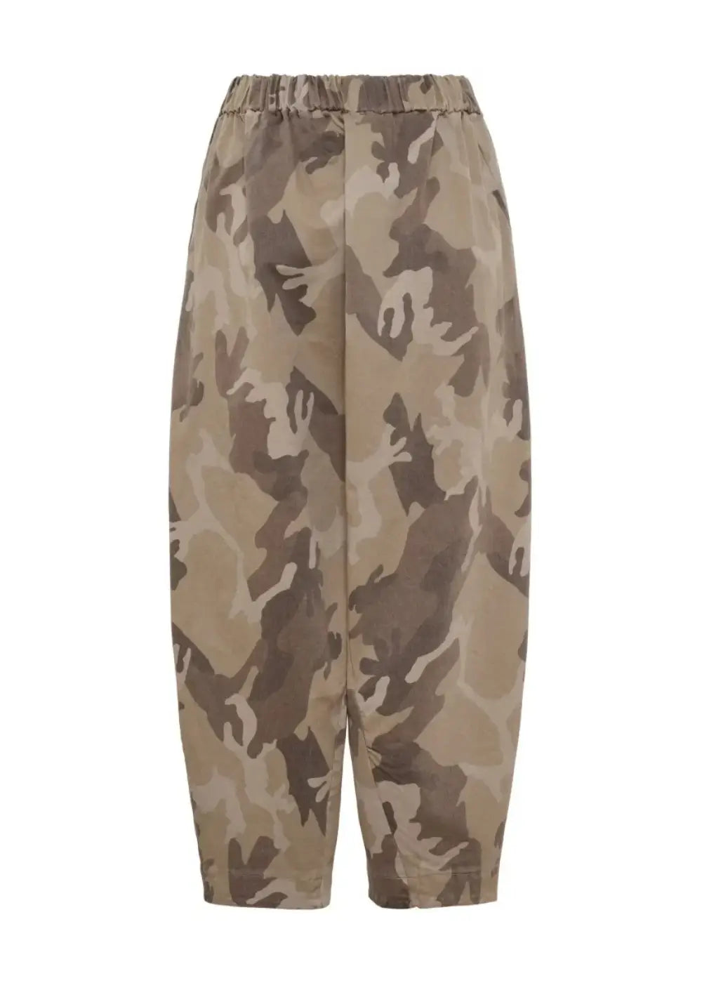 Beiget camo-kuvioiset farkkumaiset barrel-housut, korkea kuminauhavyötärö, etutaskut sekä leveät, kapenevat lahkeet