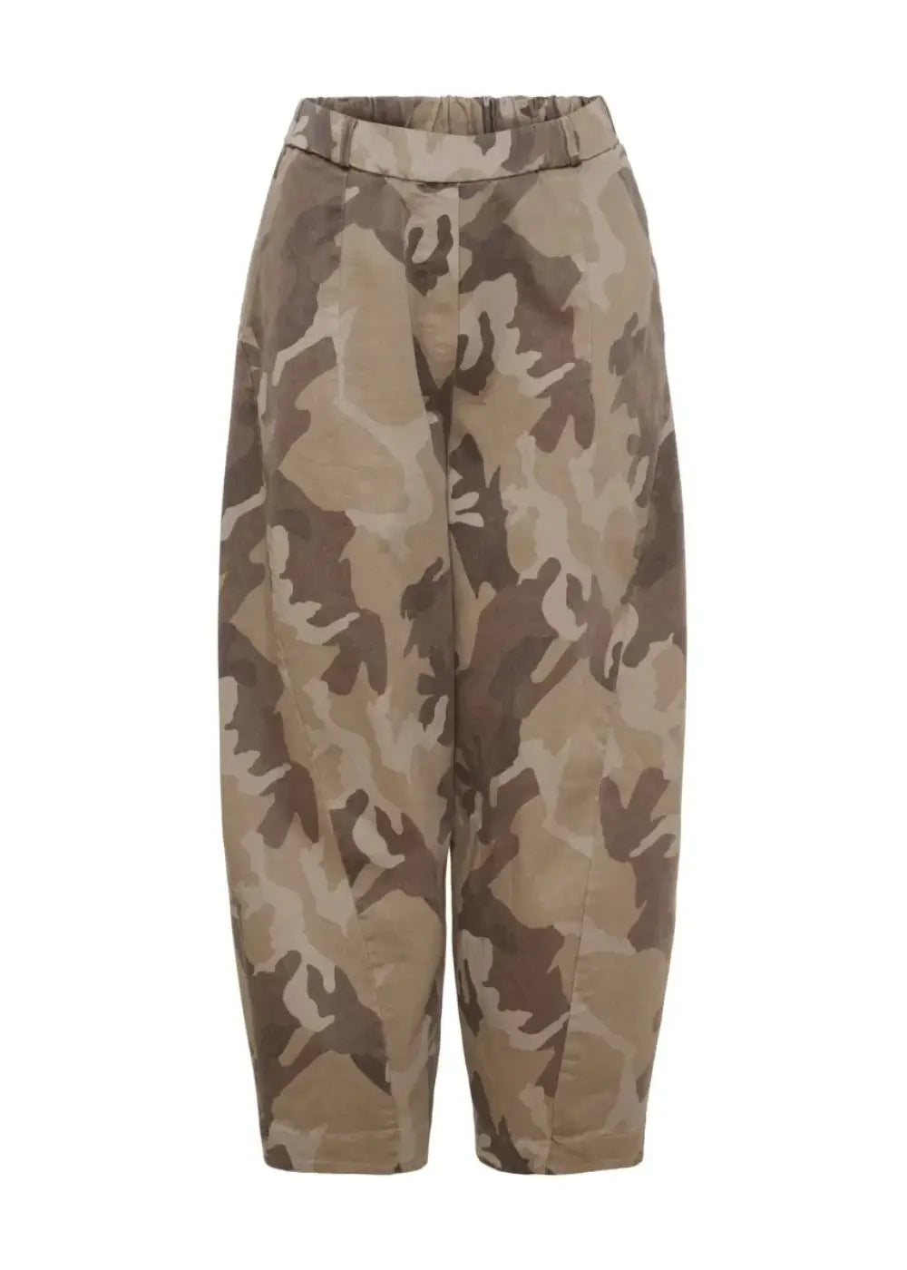 Beiget camo-kuvioiset farkkumaiset barrel-housut, korkea kuminauhavyötärö, etutaskut sekä leveät, kapenevat lahkeet
